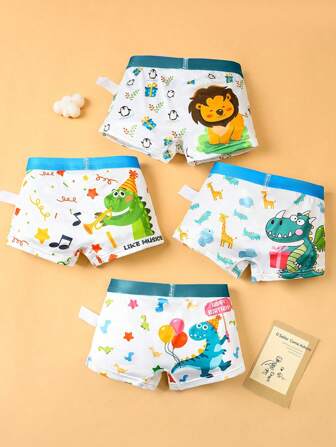 4 stuks ondergoed voor jonge jongens, ademende cartoon dinosaurus feest bedrukte slips
