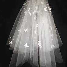 新娘头纱头饰，饰有3D蝴蝶和白色珍珠，奢华超大拖尾头纱，优雅适合婚礼、秋季服装以及情人节配饰。 - 白色 - 查看 18