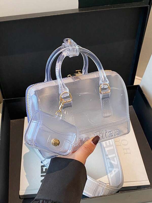 2 Pieces Set Of Jelly Transparent Beach Adjustable Shoulder Bag, Suitable For Travel, Going To School, Going To Work, White-Collar, Crossbody Bag