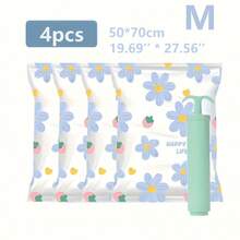 4 件花卉图案真空收纳袋套装，大容量节省空间压缩密封袋，适用于棉被、枕头、毛毯、床上用品、衣服、被子、床单，密封防潮、防尘，塑料材质，拉链密封，存储空间增加 80%