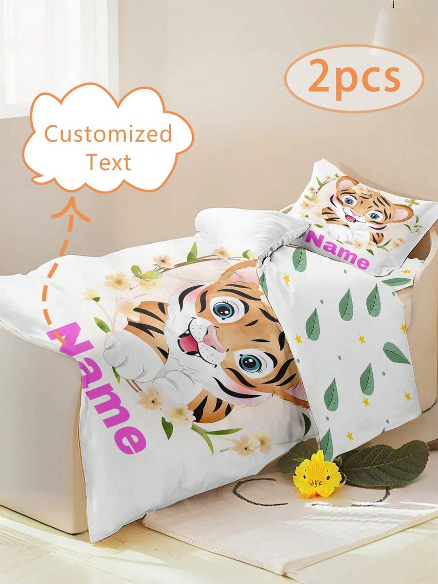 1/2PCS Custom Text Bedding Set Cute Tiger Pattern With Custom Name Duvet Cover Set Jungle Animal Double Sided Printing For Kids