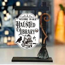 1 pièce Décoration gothique bibliothèque fantôme d'Halloween - Panneau en bois de style gothique avec conception de corbeau et chapeau de sorcière - Affichage de bureau en faux bois, cadeau pour lecteur