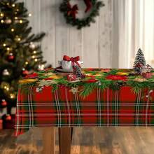 1 Stück Polyester-Tischdecke, Weihnachtsthema Tischdecke mit rotem Karomuster, dekoriert mit Tannenzweigen, goldenen Kugeln, Orangenscheiben und Lebkuchen, perfekt zum Dekorieren von Esstischen, um eine warme und festliche Atmosphäre für Familienfeiern und Feiertagsveranstaltungen zu schaffen. Geeignet für Gartenpartys, Picknicks, Abendessen, ideal für Heim- und Restaurantdekor.