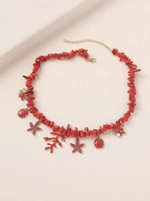 1pc Bohemian Coral Starfish Seashell Beaded Necklace, Natural Shell Color And Shape May Vary, Suitable For Women Beach Vacation, Summer Casual Everyday Wear, Travel Gift