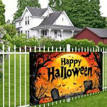 1pc Scary Halloween Hanging Banner, Bat Fly Over Graveyard Pattern Banner, Suitable For Halloween Party, Holiday Party, Home Decor, Perfect For Halloween Decoration