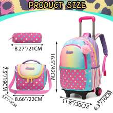 Mochila con ruedas para niñas en edad escolar, mochila con ruedas escolares, mochilas con ruedas lindas para niñas de 8 a 12 años, mochilas con ruedas y lonchera, útiles escolares de vuelta a clases - Rosa Amarilla Roja L4005F - Ver 6