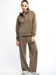 Women's Solid Color Casual Versatile Loose Wide Leg Sweatpants - Khaki - View 3