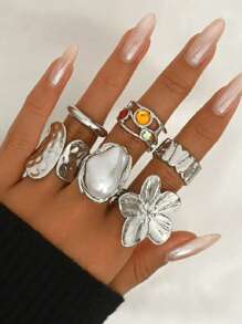 6 pièces/Set Ensemble de bagues ouvertes exagérées décorées de fleurs métalliques vintage et de faux perles