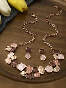 Cring Coco Set Perhiasan Anting & Kalung Paduan Seng yang Dapat Diatur untuk Wanita - Desain Benturan Persegi & Bulat Gaya Retro Minimalis Elegan, Serbaguna untuk Pemakaian Sehari-hari, Pesta, Liburan - Dril - View 9