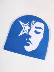 1pc Face Pattern Intarsia Knit Beanie Hat, Fashionable Y2K Vibe, Warm And Windproof