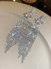1 Pair Crystal Teardrop & Floral Tassel Dangle Earrings