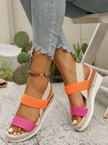 Women's Thick Sole Wedge Straw Braided Open Toe Double Strap Contrast Color Beach Sandals, Breathable Vacation Shoes, Summer