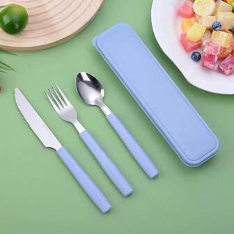 9/3 piezas Juego de cubiertos portátil de acero inoxidable, cuchara, tenedor, cuchillo, utensilios de acero inoxidable, adecuado para picnic, trabajo, camping, escuela, viaje, vajilla reutilizable con caja de almacenamiento, apto para lavavajillas