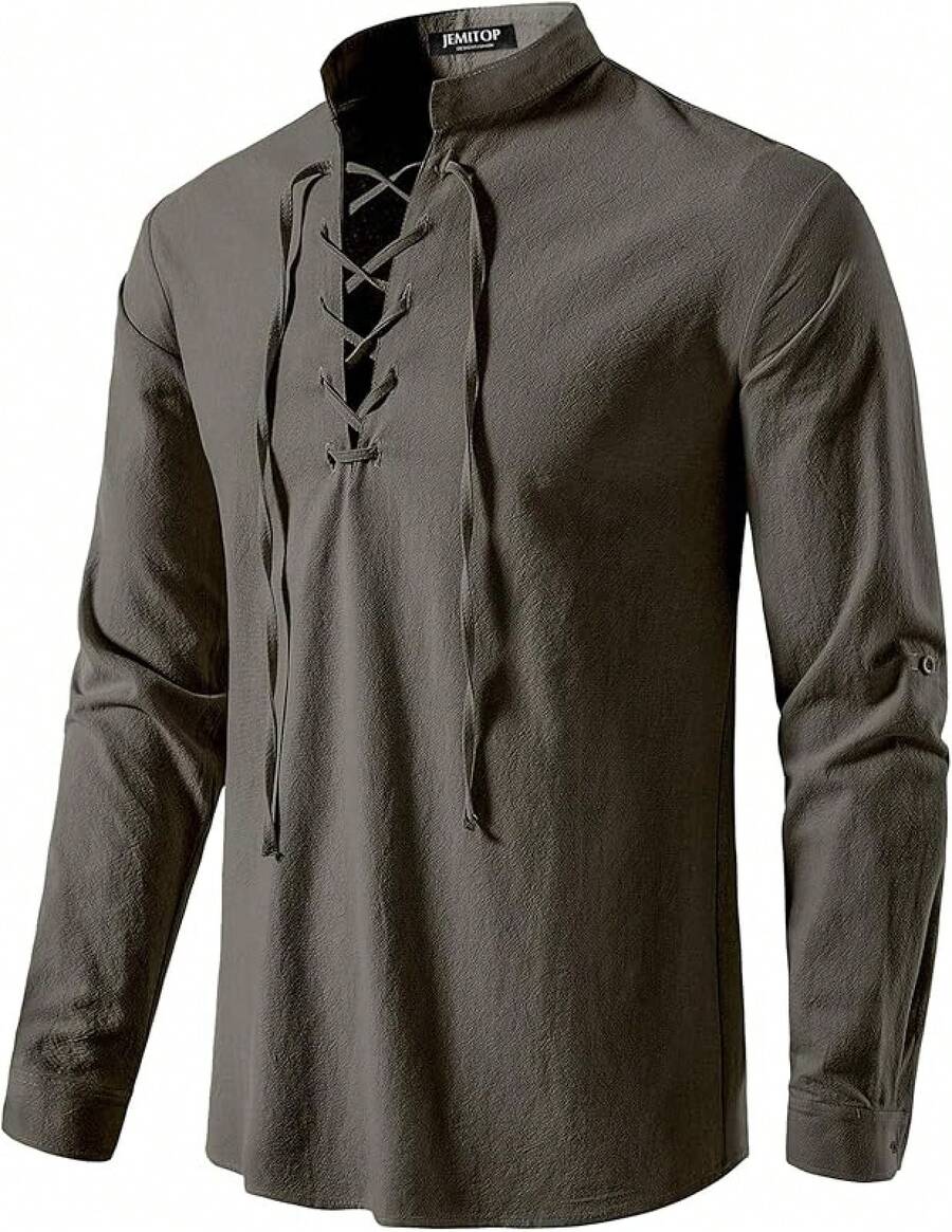 Men's Pure Cotton Retro Lace Up Shirts For Renaissance Pirate Viking Medieval - Màu xám đen - Xem 1