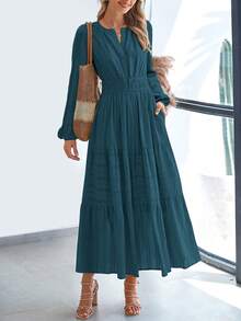 Women Fall Maxi Dresses Long Sleeve High Waist Tiered Flowy A-Line Boho Bohemian Long Dress Beach Holiday Vacation Wedding Guest Valentine Outfit - 湖藍色 - 查看 3