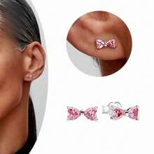 3 Pieces Pink Love Necklace Bow Earrings Sterling Silver Shining Zirconia Earrings - Butterfly - View 3