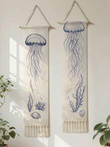 1件装海岸水母挂毯，波西米亚海洋风格装饰，饰有贝壳和珊瑚，沙滩主题房间装饰，航海风家居墙饰，带流苏编织挂毯，适用于客厅和卧室 - 彩色 - 查看 11