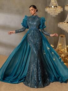 Elisanya Gorgeous Beaded Sequin Evening Gown With Dramatic Lantern Sleeves, Cascading Geometric Beading, Mermaid Silhouette & Satin Overlay For High-End Parties, Luxury Galas & Formal Award Shows
