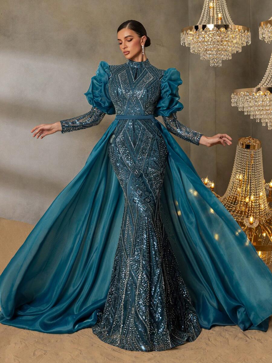 Elisanya Gorgeous Beaded Sequin Evening Gown With Dramatic Lantern Sleeves, Cascading Geometric Beading, Mermaid Silhouette & Satin Overlay For High-End Parties, Luxury Galas & Formal Award Shows