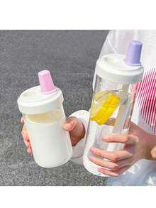 1pc Large Straw Cup: Transparent Plastic Bottle, Can Hold Juice, Milk And Drink Directly - Multicolor - View 2