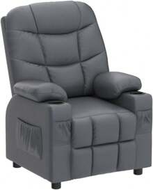 Kids Recliner Chair With Cup Holder, Adjustable Lounge Chair W/Footrest & Side Pockets For Children Boys Girls Room, Ergonomic Toddler Furniture Sofa, Kids Recliner (Grey)