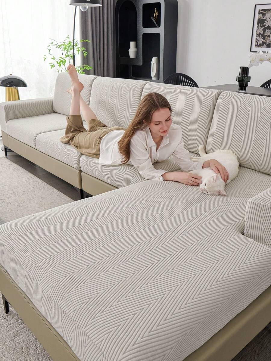 1件装四季通用弹力沙发套，防水防滑加厚沙发座垫套，可机洗，浅灰色，宠物友好，适用于卧室和客厅的L型及1/2/3/4座沙发，绒面面料