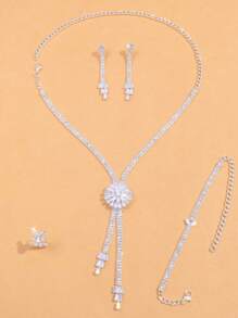 Conjunto de 4 peças de colar, brincos, pulseiras e anéis de prata com zircônia e flores para mulheres, verão, festa, casamento