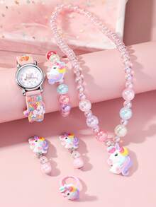 6pcs/Set Teen's High-Quality Arabic Numeral Dial Unicorn 3D Print Band Silicone Quartz Watch + Horse Bracelet Suit, Suitable For Birthday, Halloween, Christmas, Back To School Gifts - Pink - View 1