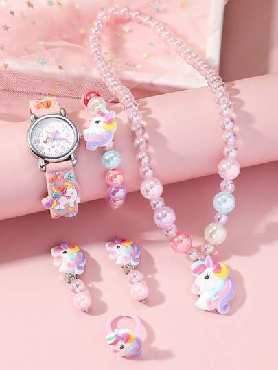 6件套 时尚阿拉伯数字表盘3D独角兽印花硅胶表带石英表+迷你马手链，适合作为生日、万圣节、圣诞节、返校礼物