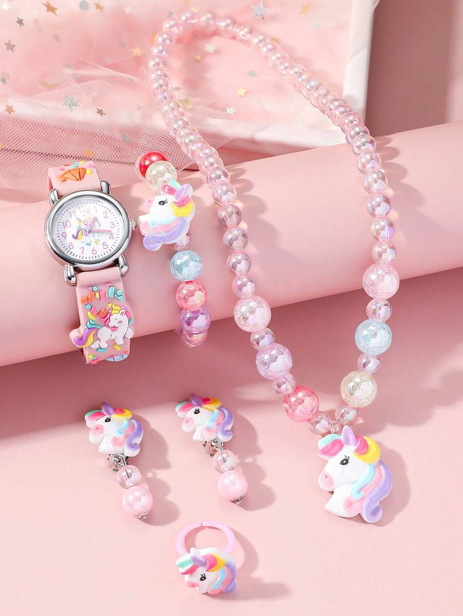 6pcs/Set Teen's High-Quality Arabic Numeral Dial Unicorn 3D Print Band Silicone Quartz Watch + Horse Bracelet Suit, Suitable For Birthday, Halloween, Christmas, Back To School Gifts - Pink - View 1