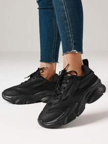 Women's Breathable Flat Sneakers Fashion Chunky Lace-Up Casual Comfortable Platform Sneakers Workout Sport Running Walking Tennis Shoes - màu đen - Xem 7