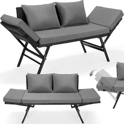 Meubles en polyrotin 2 places, canapé de jardin en rotin avec accoudoirs réglables, canapé de balcon résistant aux intempéries, banc de jardin résistant aux intempéries pour jardin, balcon, terrasse