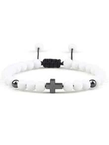 Handmade Woven Bracelet With Turquoise Cross Beads, Men Sports Accessory, European & American Import Jewelry