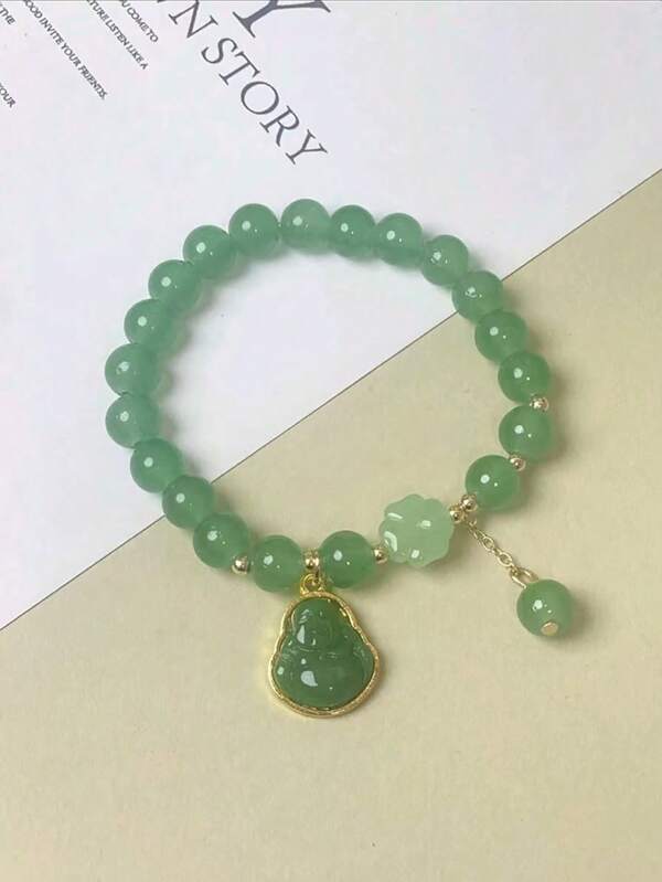 1pc Buddha Lucky Bracelet - Green Glass Four-Leaf Clover Gift For Women,Holiday Gift, Daliy Wear