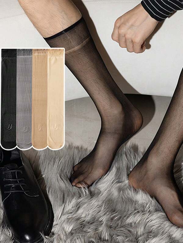 4 paires/paquet de bas fins pour hommes, chaussettes noires mi-mollet avec gel antidérapant, chaussettes tubes respirantes longues pour hommes