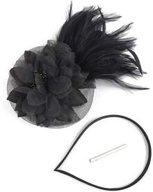 Fascinators Hats Women,Tea Party Fascinator Hair Clip With Feathers Wedding,Derby Hats Headbands - 款式1-黑色 - 查看 6