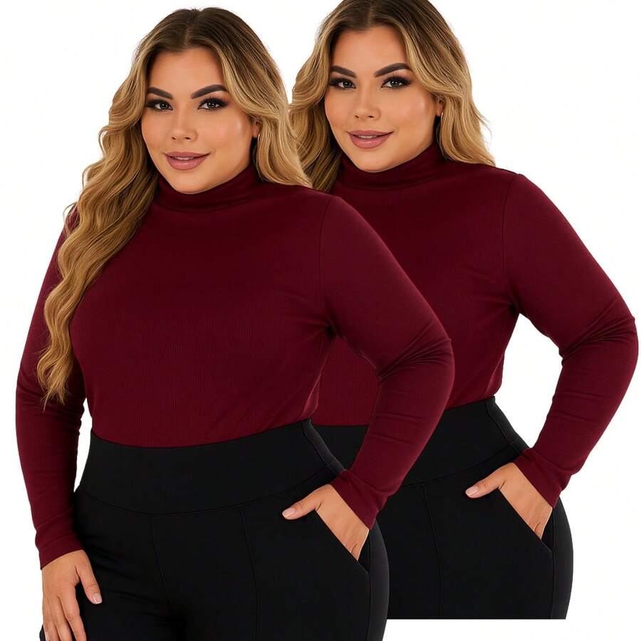 Kit 2 Women's Plus Size Cacharrel Blouse Long Sleeve High Neck Ribbed G1 To G3 - 2 Wine - View 1