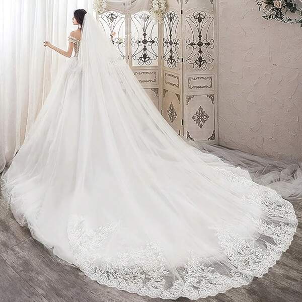 Elegante velo de boda de catedral de 2 niveles con lentejuelas, con borde de encaje floral - Largo velo de novia con brillos en blanco o marfil, incluye peine gratis para un fácil peinado