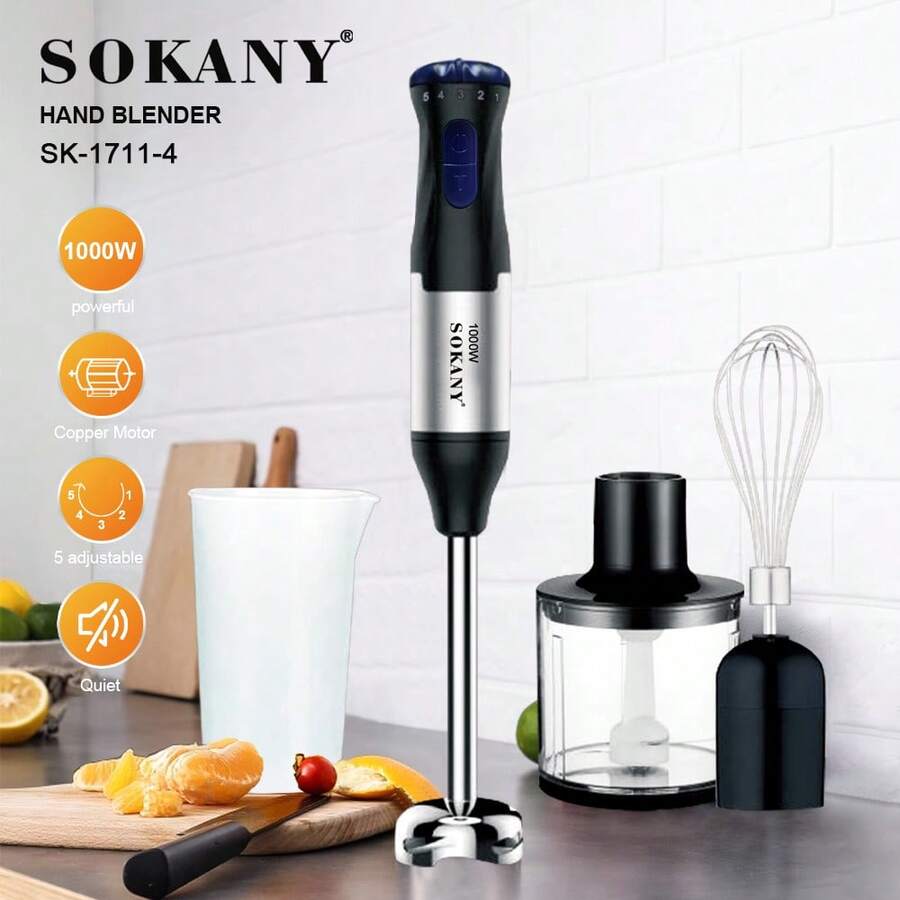 SOKANY 4-In-1 Electric Mixer, 1000W High Power, 5 Speed Settings, Detachable Base. Includes Main Unit, Mixing Paddle, Whisk, Meat Grinder Bowl And Grinding Cup. Suitable For Whipping, Mixing Meat, Making Baby Food And Juicing. Great For Home And Hotel Use, Also Suitable For Fruit And Food Supplements. - View 1