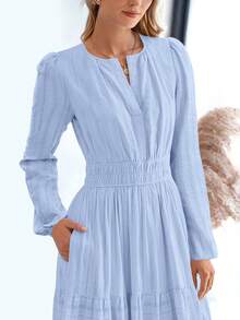 Women Fall Maxi Dresses Long Sleeve High Waist Tiered Flowy A-Line Boho Bohemian Long Dress Beach Holiday Vacation Wedding Guest Valentine Outfit - 淺藍色 - 查看 5