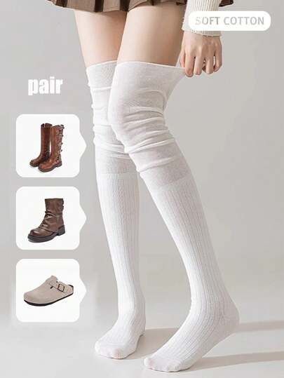 1 Pair White Over-The-Knee Socks For Women, Solid Color Thigh High Stockings, Versatile, Long Tube Socks To Pair With Boots, Spring & Autumn