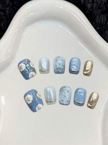 10 piezas Uñas postizas cortas de estilo francés con estampado bohemio azul y brillantes para uso en escenario y actuaciones