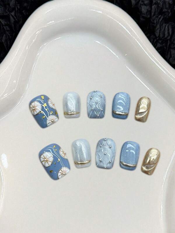 10 piezas Uñas postizas cortas de estilo francés con estampado bohemio azul y brillantes para uso en escenario y actuaciones