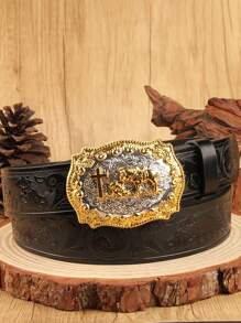 Geprägter westlicher Stil Kreuz- und Pferde-Formung mit goldenem Rand, Silberbasis Legierungs-Schnalle, unisex Gürtel, modisch & geeignet für Feiertagspartys