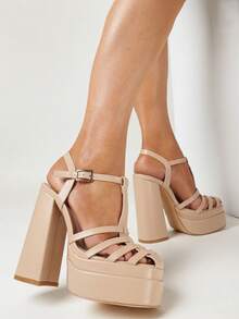 Platform And Block Heel Sandals With Thin Straps And Buckle - Beige - View 2