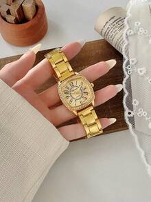 1 件优雅弹性腰带女士金色表带数字表盘石英腕表，适合日常佩戴和社交聚会