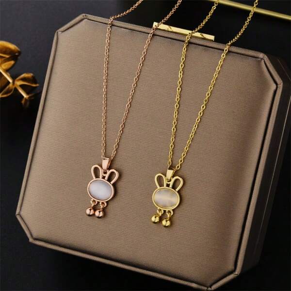 1pc Stainless Steel Necklace With Cute Rabbit Ear Jingle Bell White Shell Pendant, Personalized DIY Jewelry
