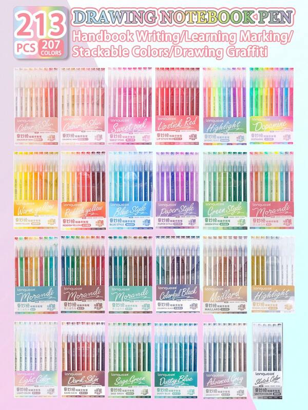 قلم محايد من لانجو 207 ألوان, قلم هلامي للرسم والتلوين للطلاب، قلم توقيع 0.6 مم، أقلام تحديد اللون لتدوين الملاحظات ، قدرة عالية على الكتابة، قلم أنيق لرسوم الأنمي والكرتون، علبة تخزين الأقلام، هدايا للطلاب البنين والبنات لبداية العام الدراسي