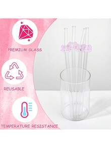 6 件可重复使用玻璃吸管，带粉色蝴蝶结，防碎，可爱弯曲饮用吸管，带清洁刷，适用于冷热饮料、茶吧饮具、新娘送礼会和热带派对的杯子配件、适用于童话花园和婚礼装饰的异想天开的饮用套装 - 彩色 - 查看 2