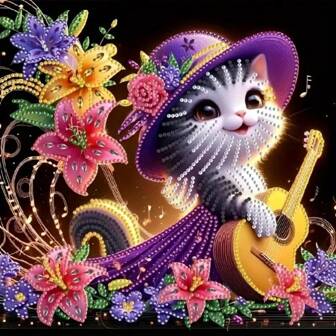 5D Special Shape Diamond Painting Kit - Cat Playing Guitar, Crystal Diamond Painting For Home Wall Decor, 11.8x11.8 Inch Canvas, Suitable For Adult Holiday